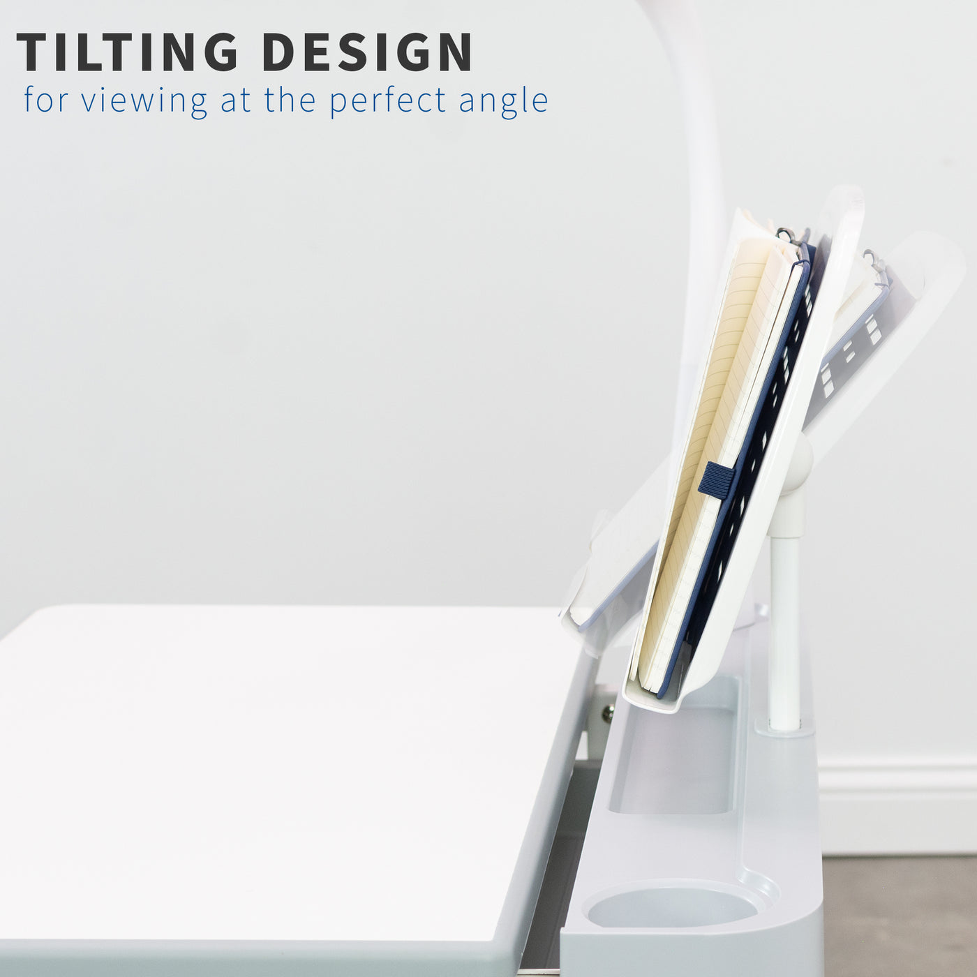 White Book Holder for Kids’ Height Adjustable Desk tilting design
