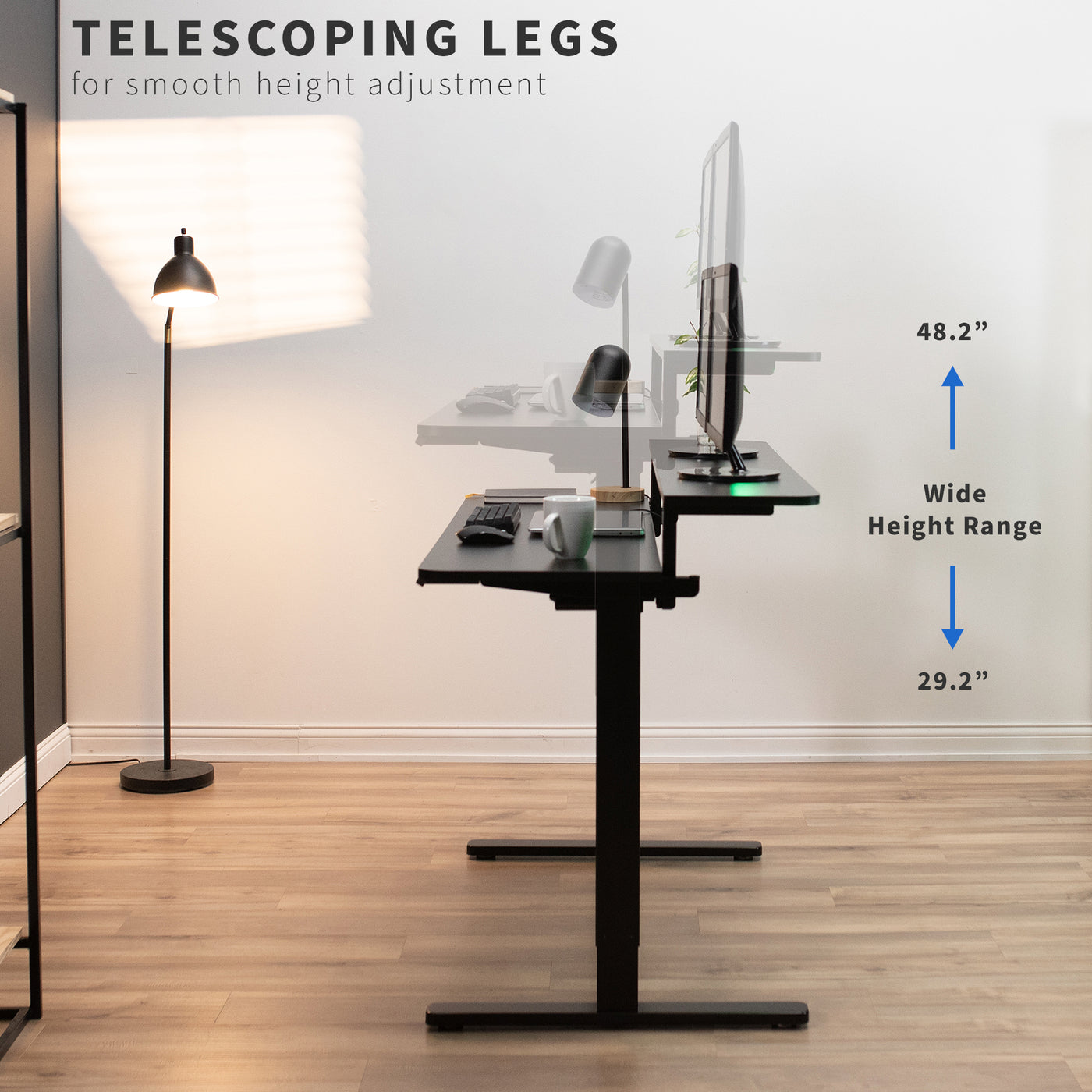  Attain smooth height adjustments with electric telescoping legs. 