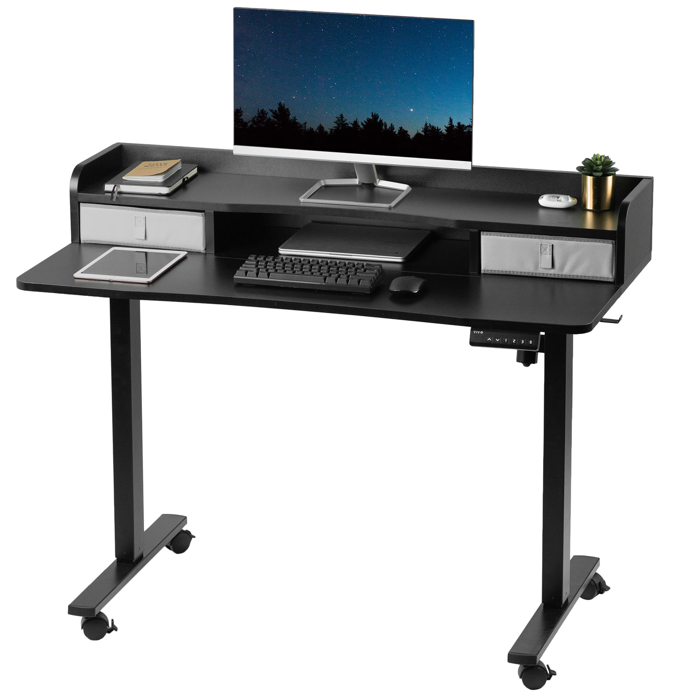 Dual-tier height adjustable electric desk with built-in storage and drawers.