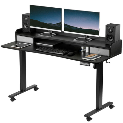 Dual tier height adjustable mobile electric desk with storage drawers.