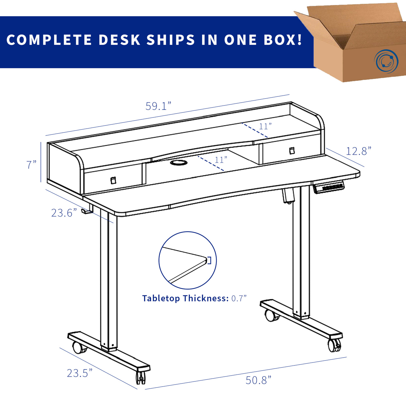 Dual tier height adjustable mobile electric desk with storage drawers.