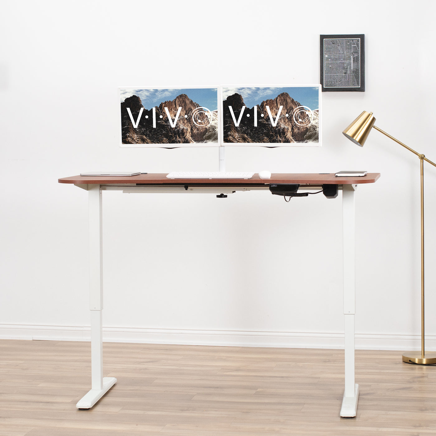 Ergonomic sit or stand active workstation with adjustable height using touch screen control panel.