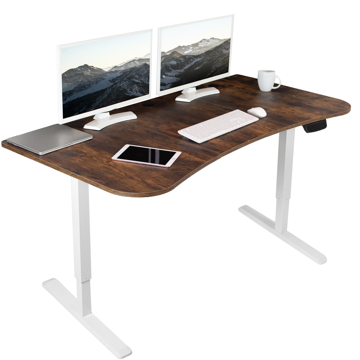 Rustic ergonomic sit or stand active workstation with adjustable height using touch screen control panel.