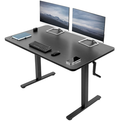 Manual height adjustable desk with side of desk hand crank.