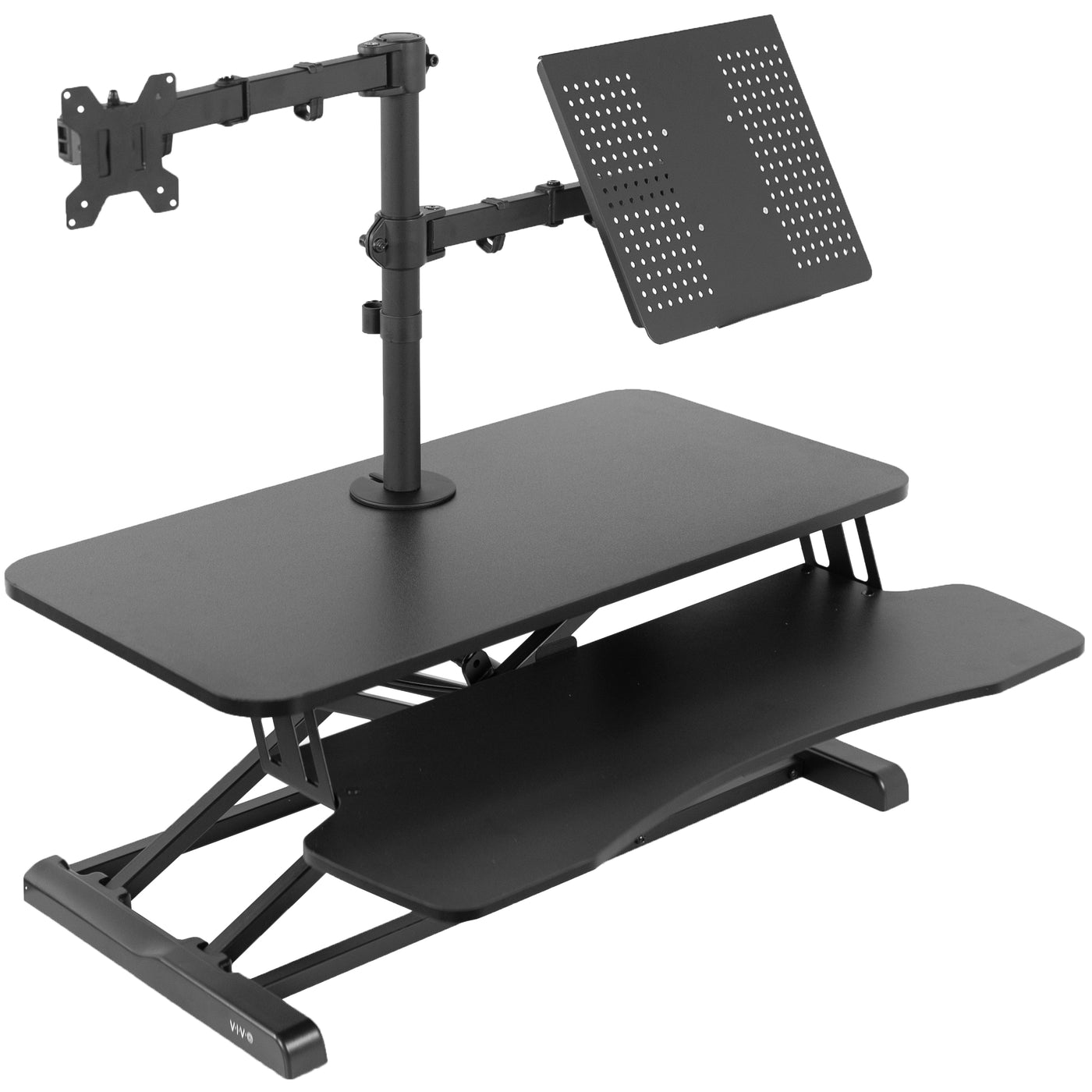 Sit to stand desk riser with built-in monitor mount and laptop mount.
