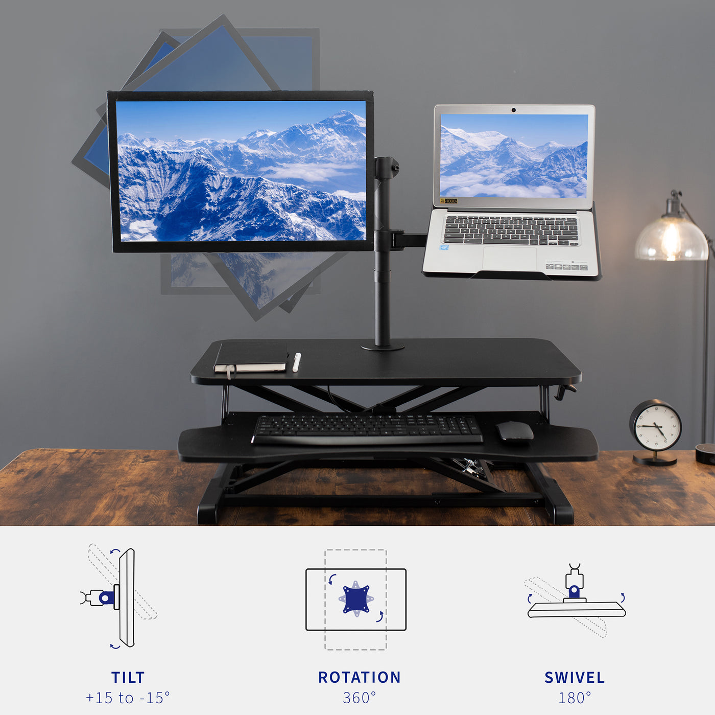 Fully articulating monitor mount and standard VESA plate.