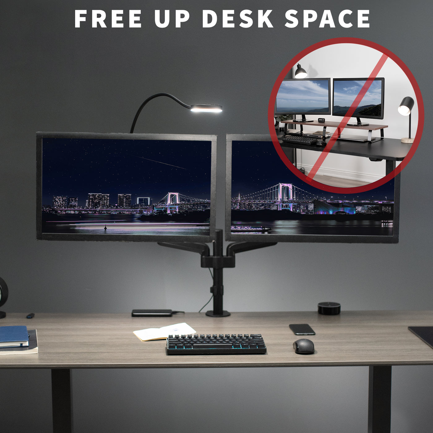  Free up desk space with a mounted light fixture.