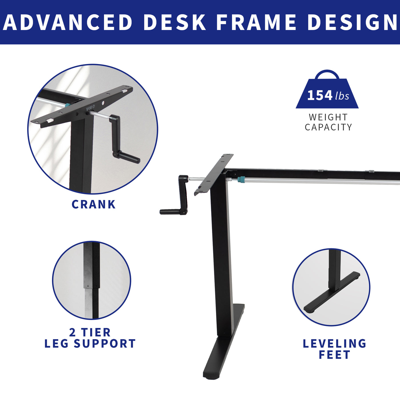Advanced desk frame structure with leveling feet, two-tier leg support, and side desk manual crank for smooth height adjustments.