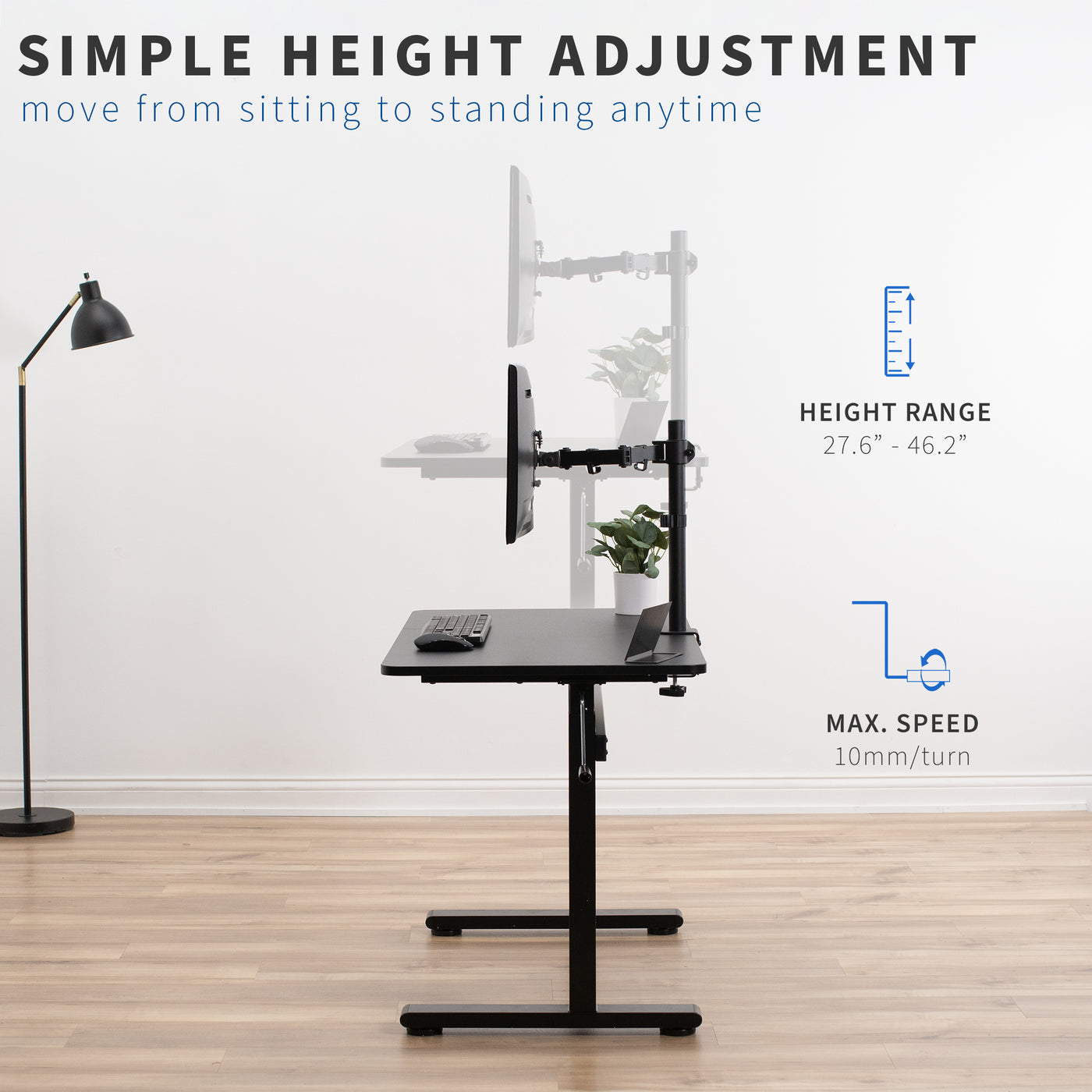 Height adjustable desk workstation with frame and table top for home and office. 