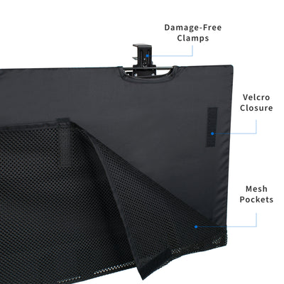 Durable clamp-on desk skirt with easy clamps and mesh pockets for storage.