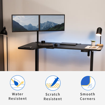 Sturdy corner desktop water resistant and scratch resistant table top with smooth corners.