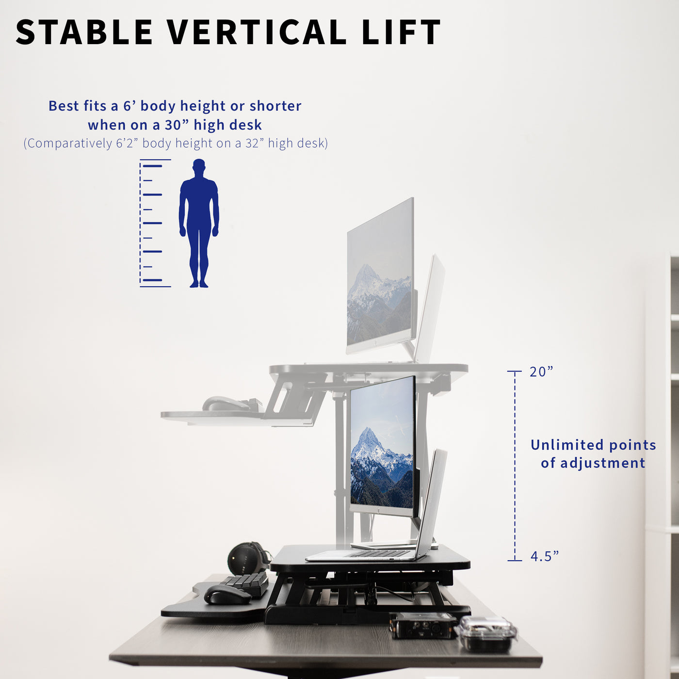 Sit or stand while working at the most comfortable height for you with 20 inches of unlimited adjustment points.