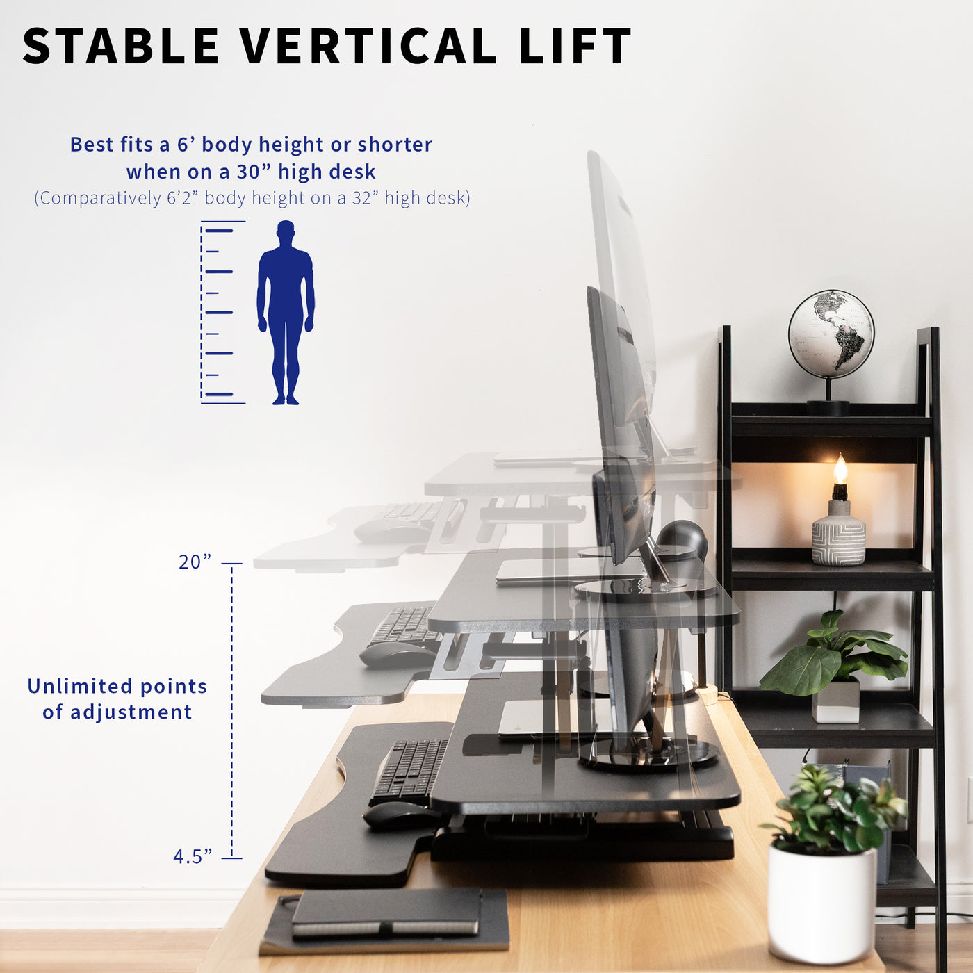 Heavy-duty height adjustable desk converter platform with 2 tiers.
