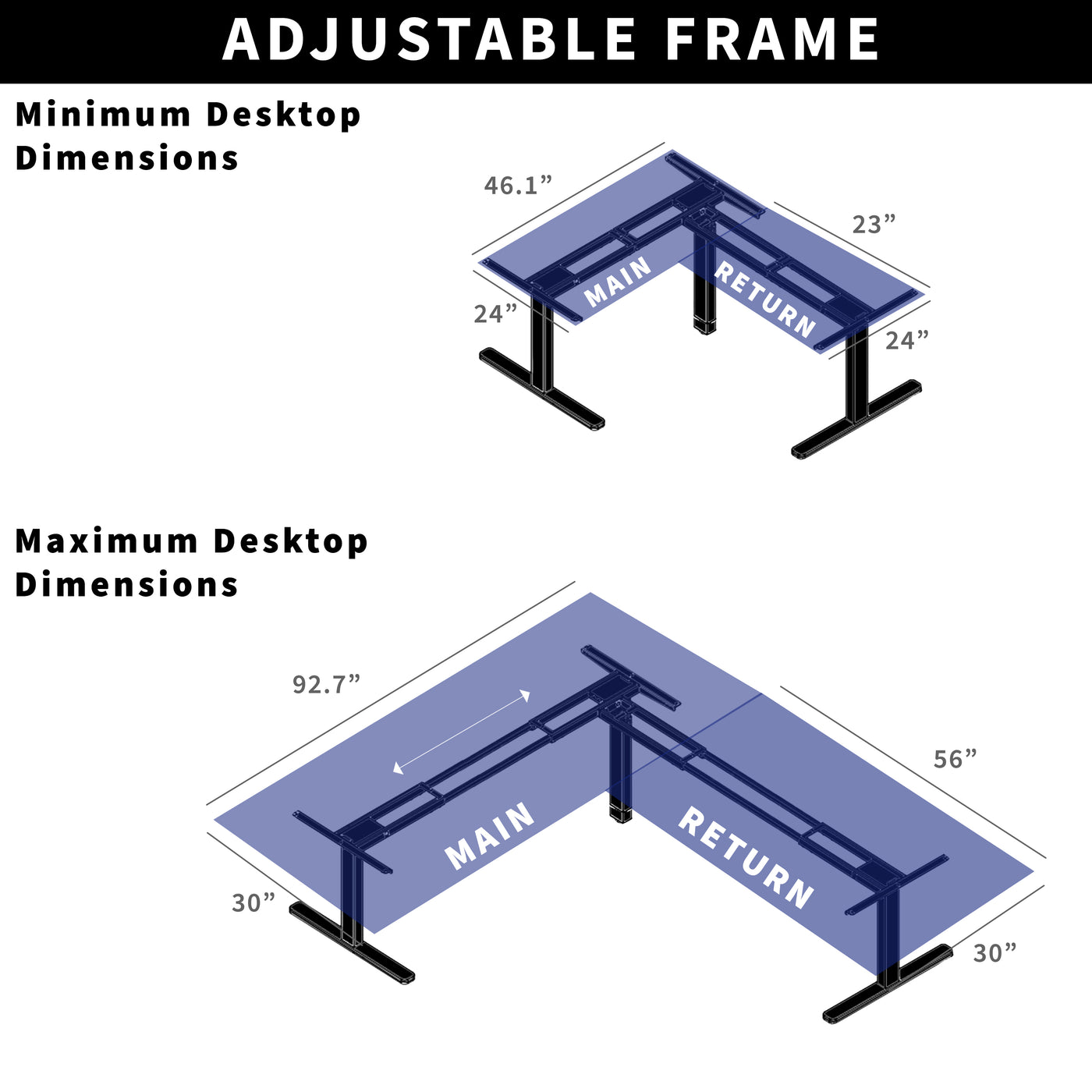  A variety of setup options are available with this multi-motor-legged desk frame.