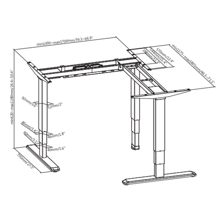 Blueprint layout and dimensions of a multi-motor desk frame.
