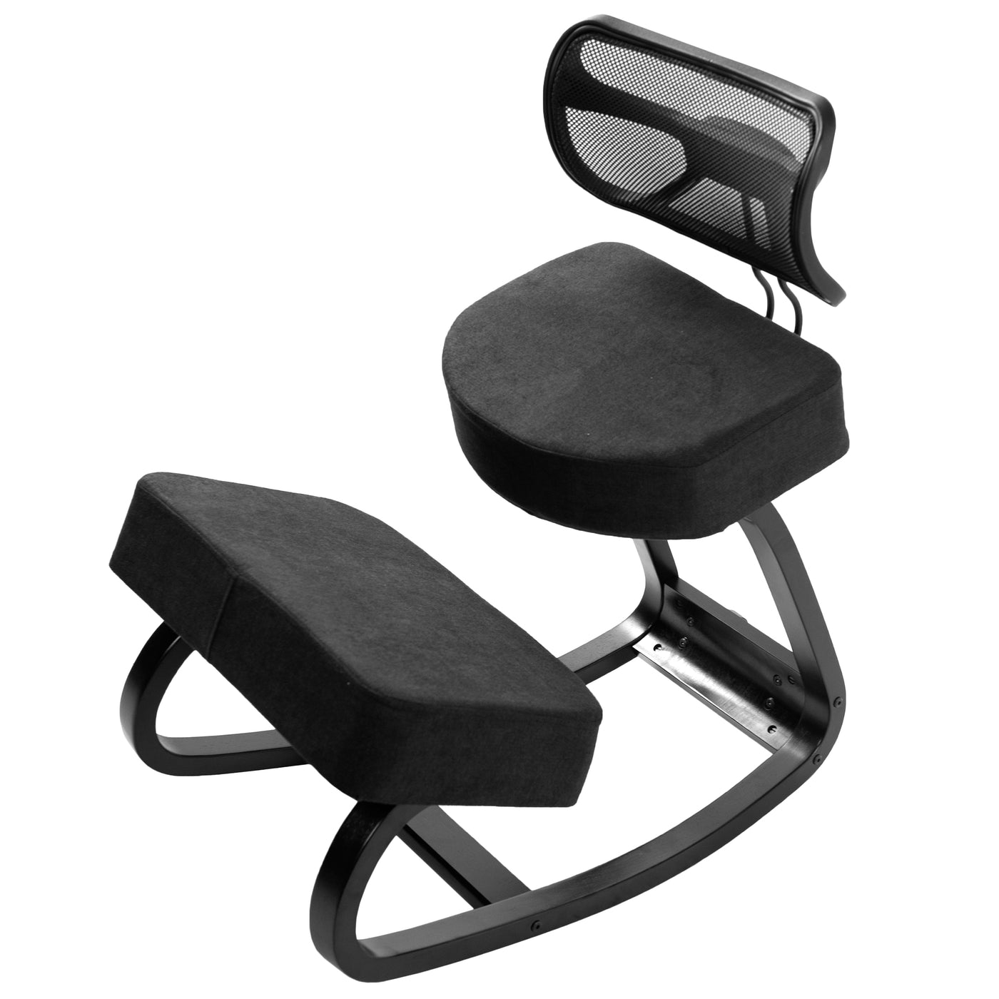 All-black kneeling chair with back support.