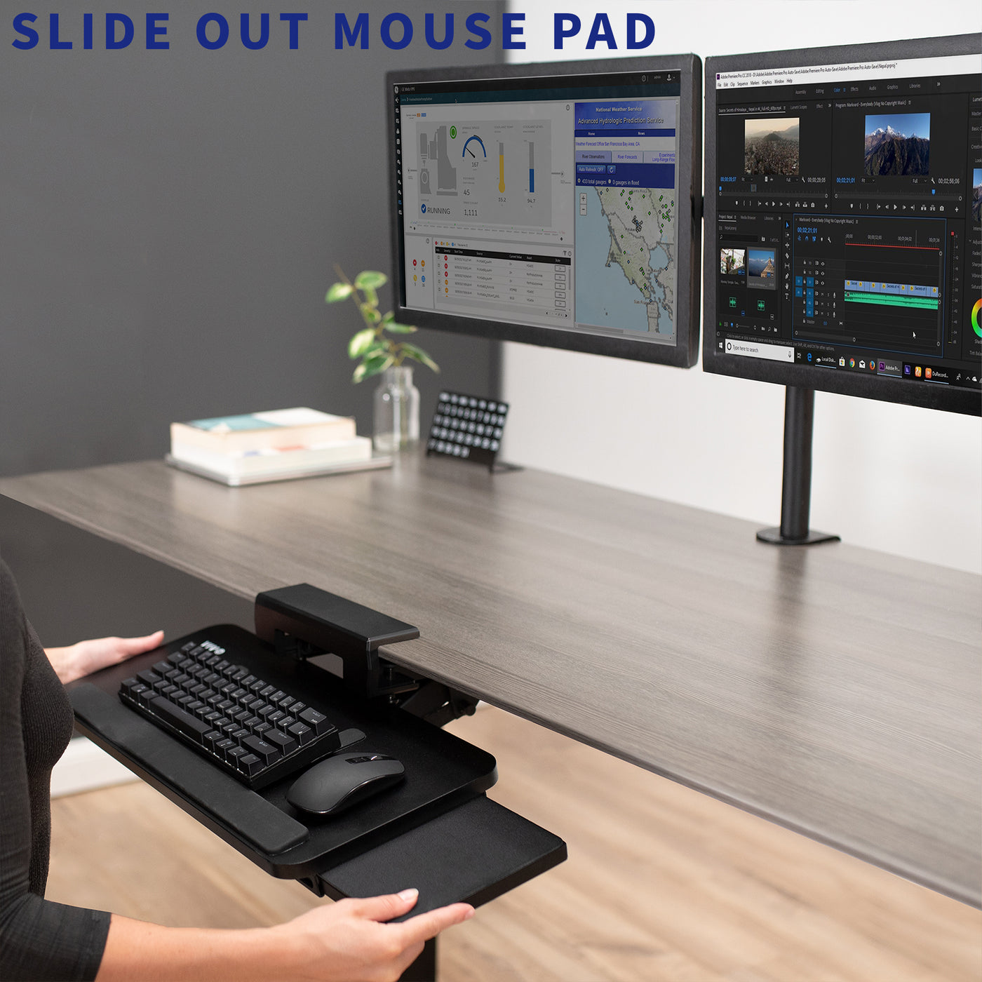 Space-saving adjustable under desk keyboard tray with slide out mousepad.
