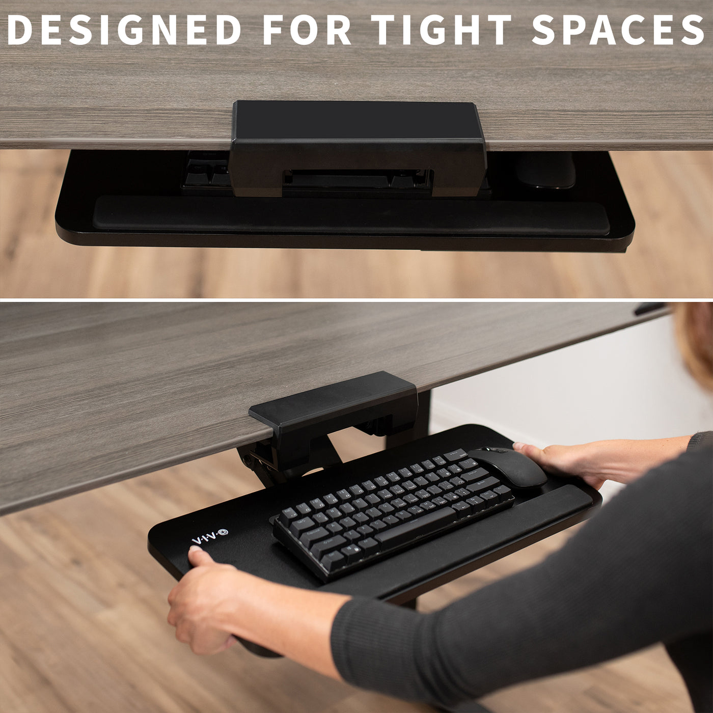 Space efficient adjustable under desk keyboard tray with mousepad.