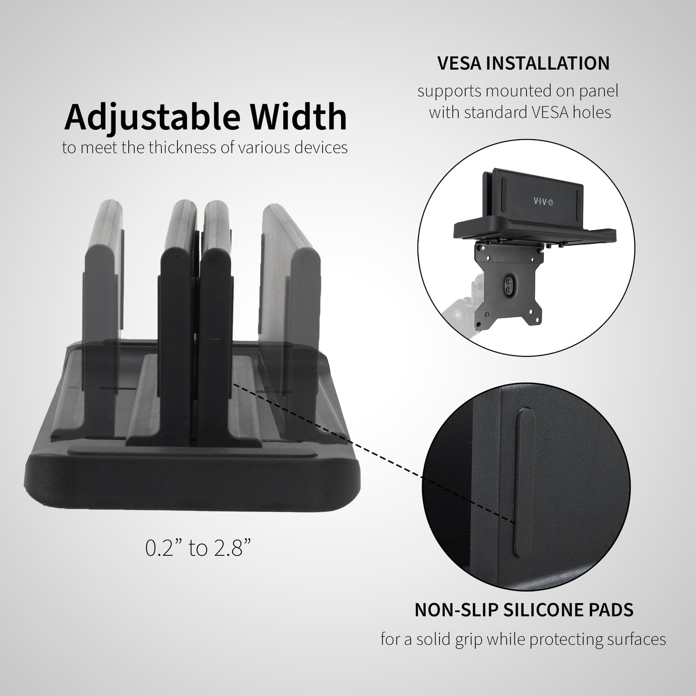 Multifunctional adjustable thin client mini PC mount can be installed on the back of a freestanding monitor, in between a monitor and VESA mount arm, or used as a freestanding holder on your desk. 