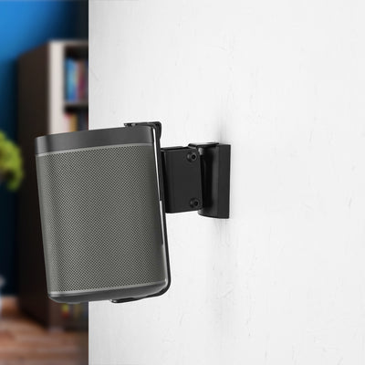 Side view of black Sonos wall mount securely supporting a black Sonos speaker.