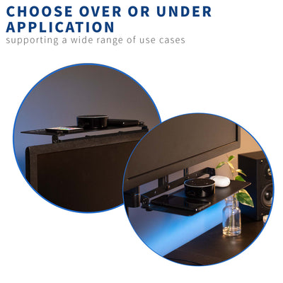 Sturdy VESA monitor shelf with solid steel mount brackets with easy install over or under desk application.
