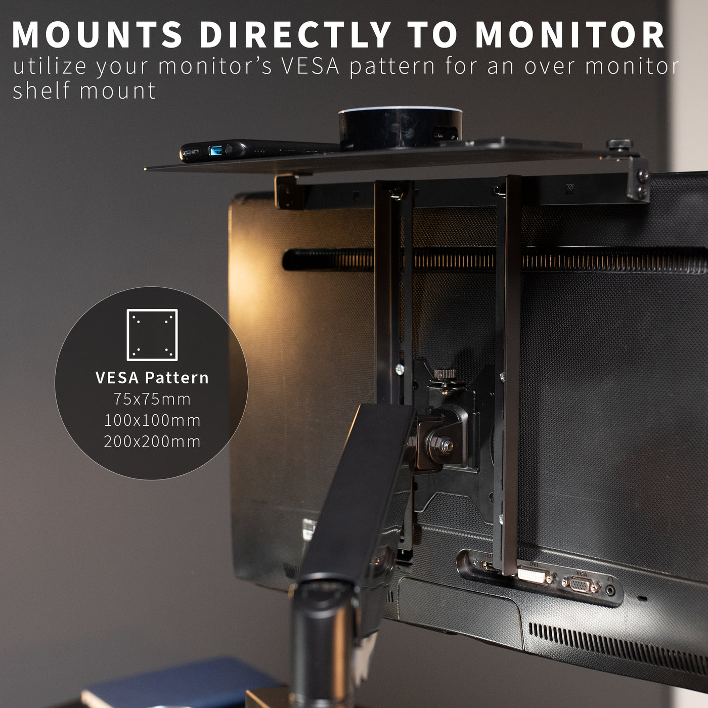 Sturdy VESA monitor shelf with solid steel mount brackets with over or under desk application.