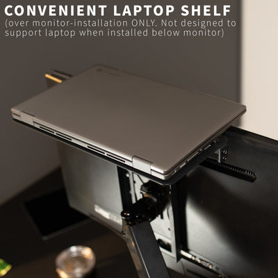 Sturdy VESA monitor shelf with solid steel mount brackets for convenient laptop or computer placement.