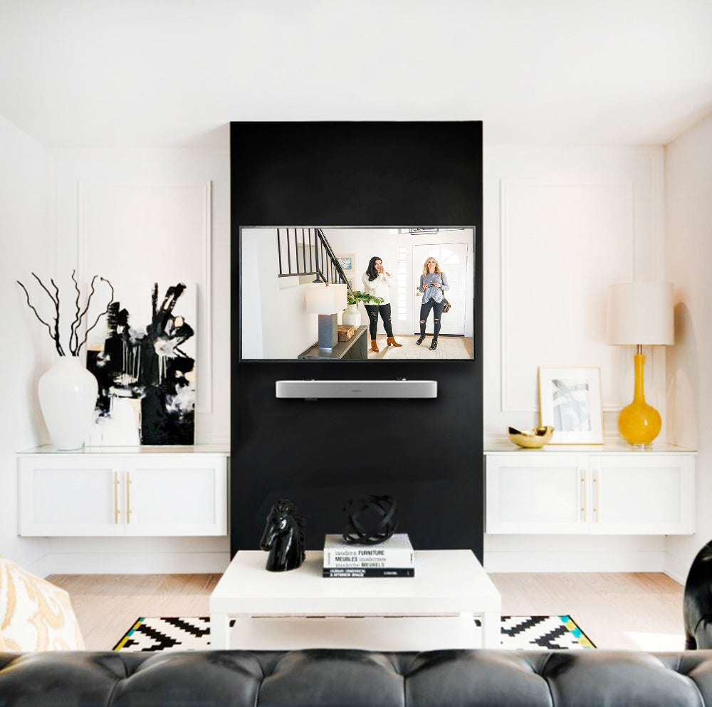 Modern living space with a floating soundbar under the TV.