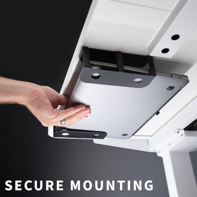 Secure solid mounting provided with steel constructed brackets supporting up to 11-pound laptops.
