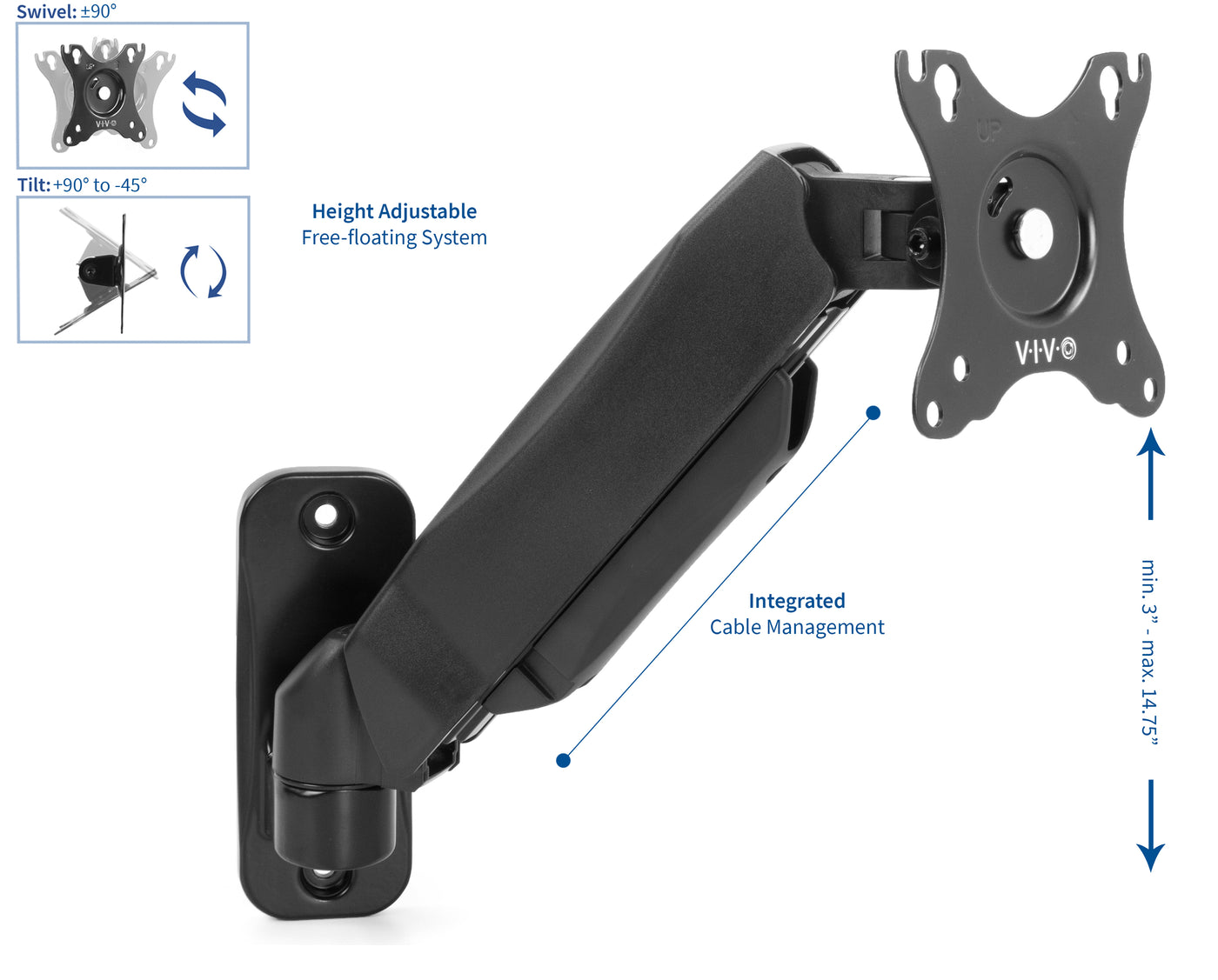 Wall mounts with built-in cable management to maintain an organized workspace with clean appeal.