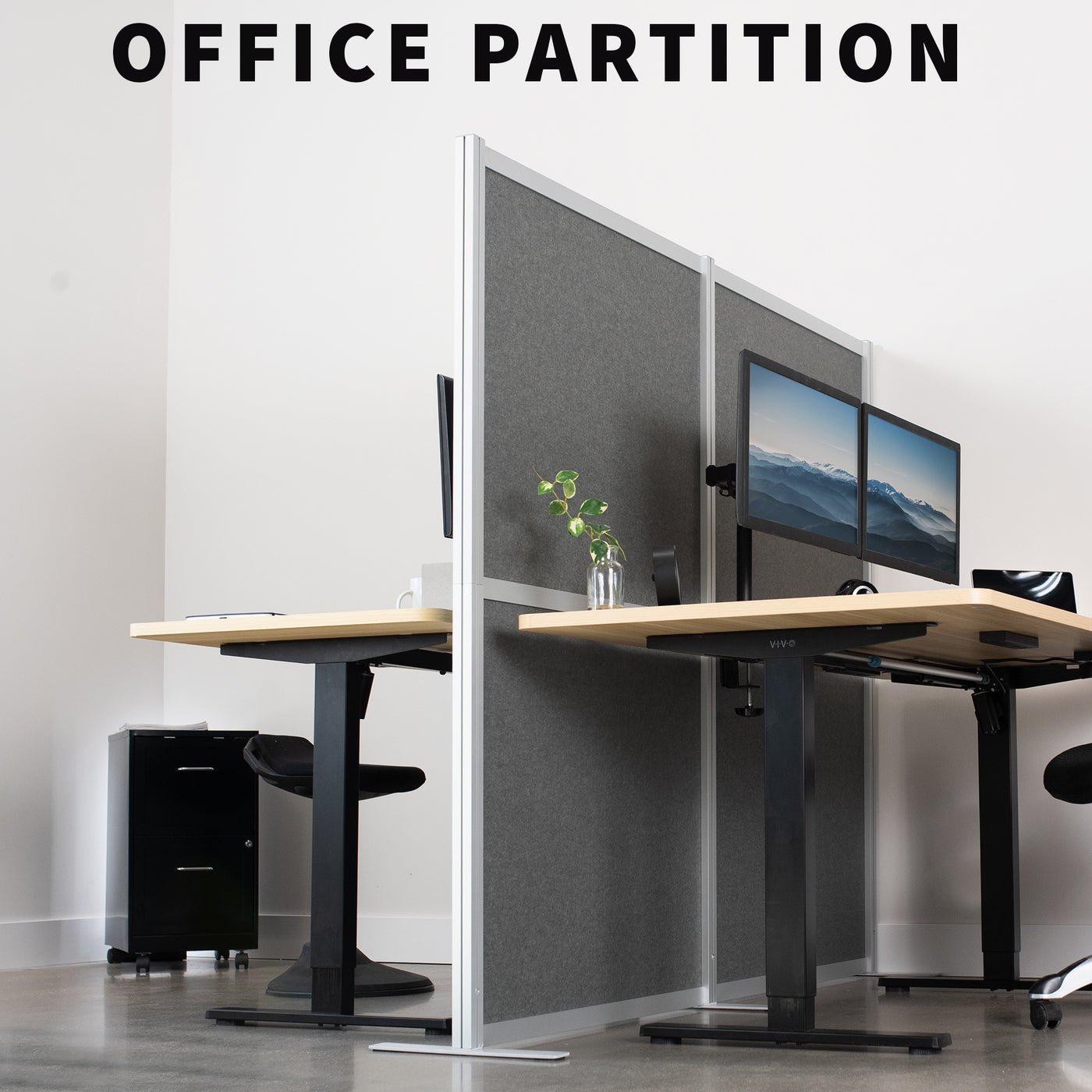 Office partition of two desks made possible with room/ wall divider between the desks.