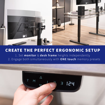 Create a perfect ergonomic setup with an adjustable frame and stand one-touch memory preset panel.