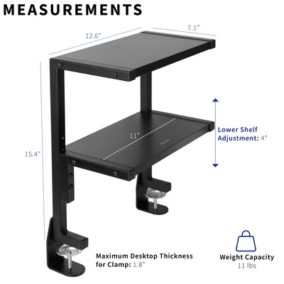 Measurements and specifications of clamp on desk shelf from VIVO.