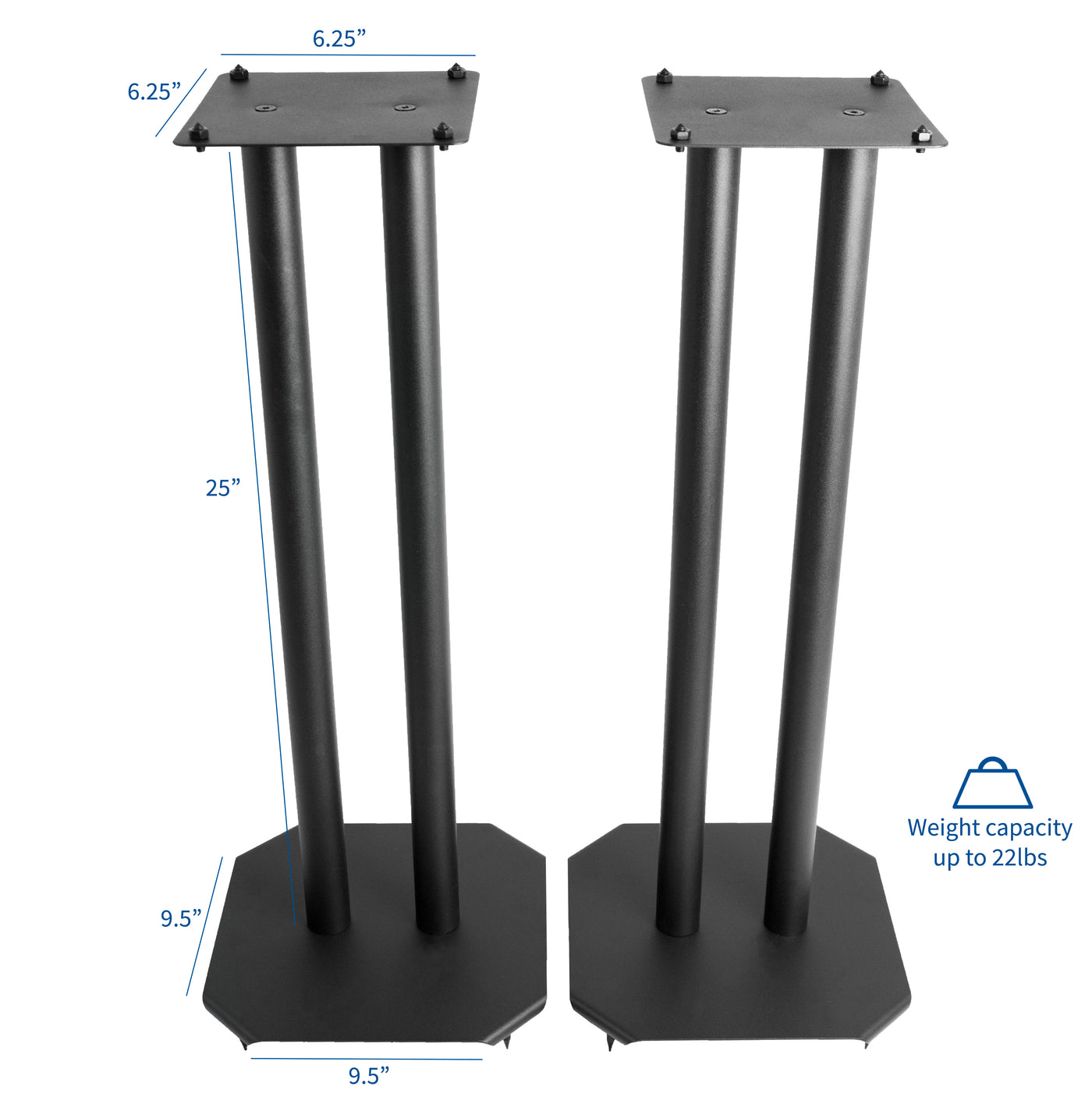 Surround sound speaker stands with a 25-inch lift.