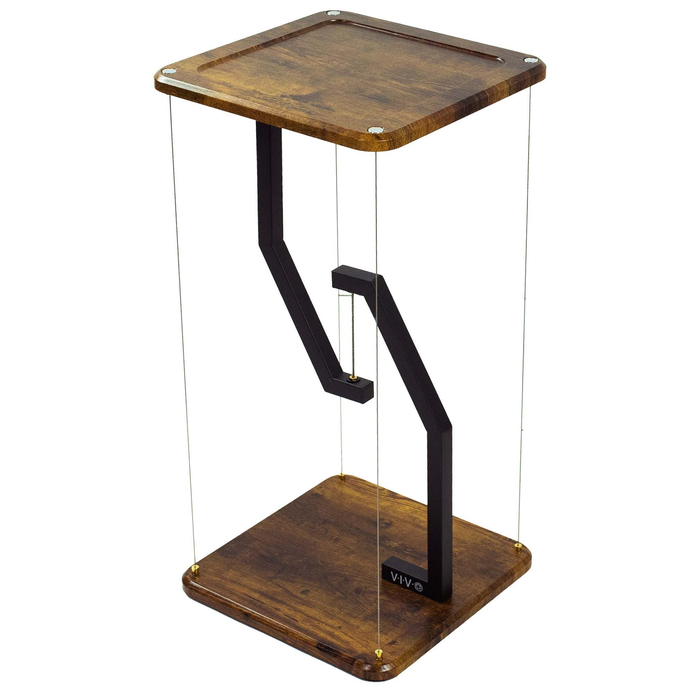 Rustic floating tensegrity speaker floor stand for enhanced sound system.