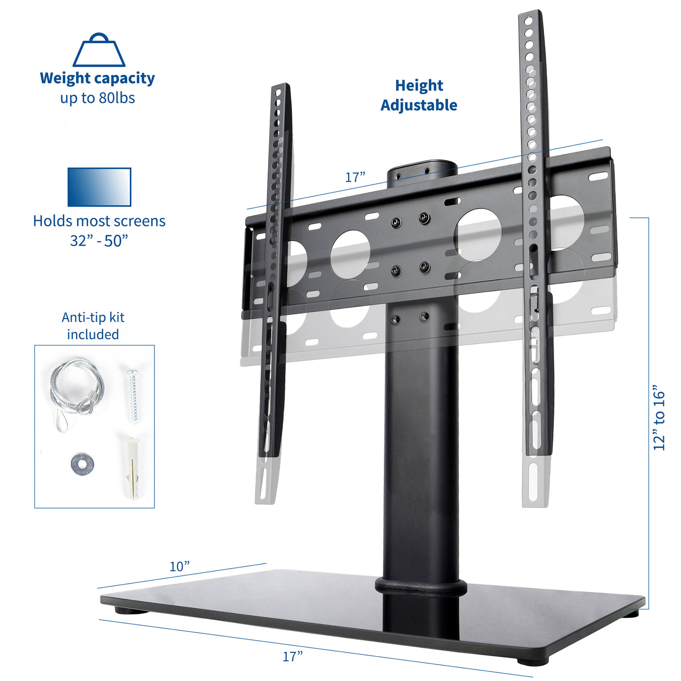 Heavy-duty tabletop TV stand with height adjustment.
