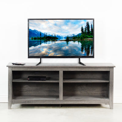 TV shelf with heavy-duty TV stand with support from steel-constructed legs.