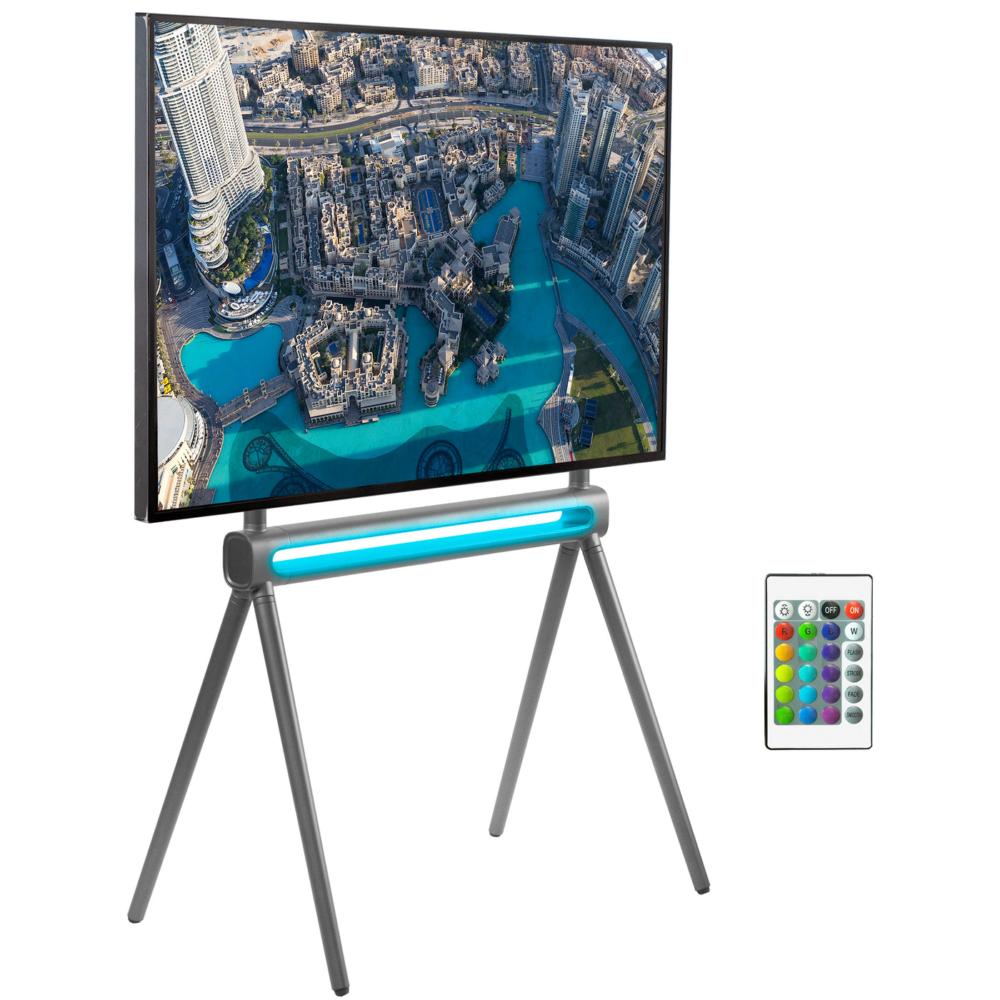 Sturdy easel studio TV stand with remote control RGB lighting.