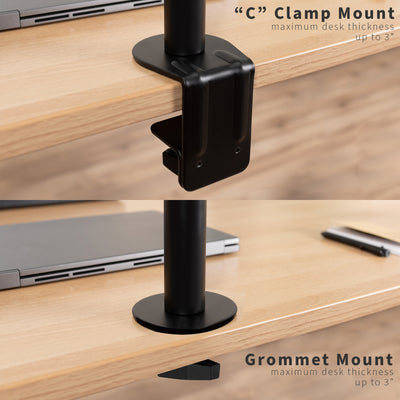 Specifications and maximum extensions of the mount from the place it's mounted onto the desk.