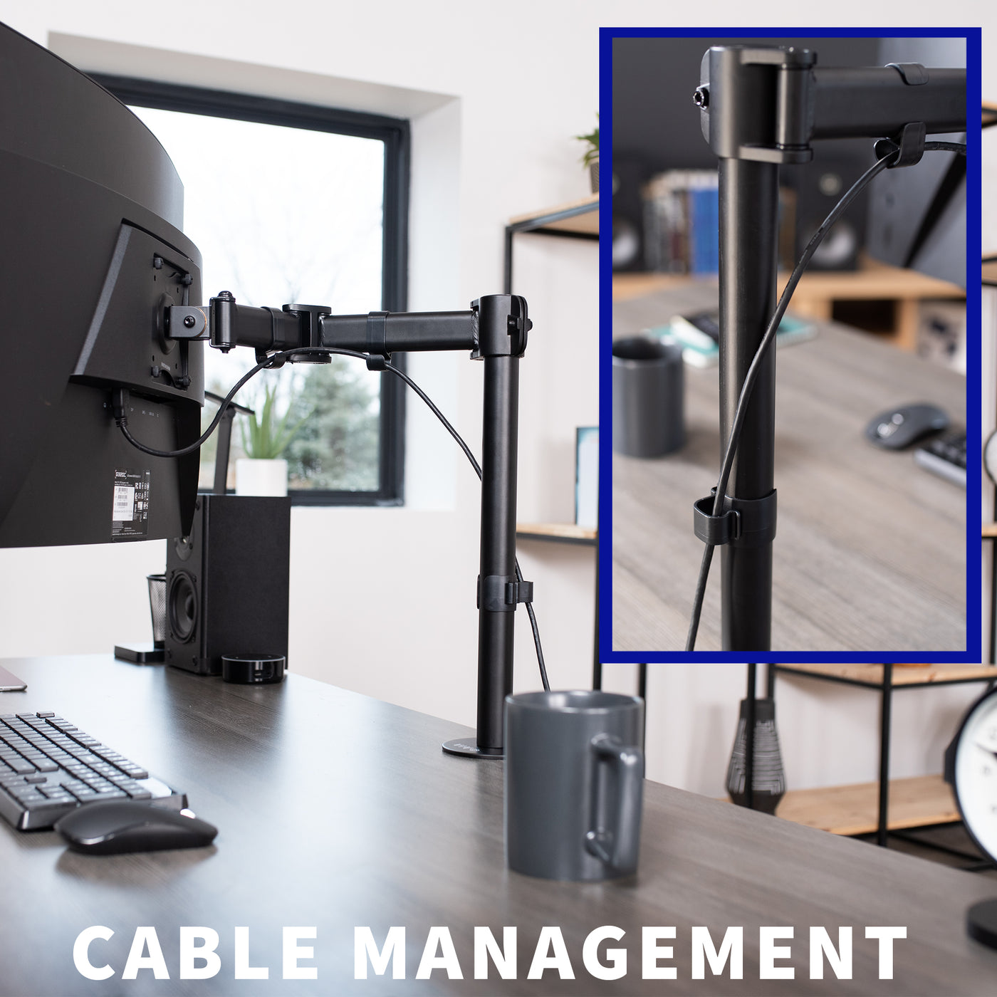 Cable management is provided along the main frame to keep an organized workspace.