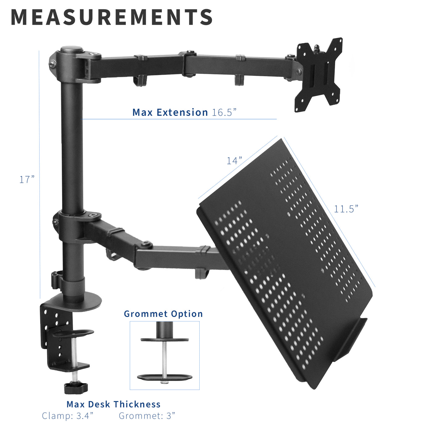 Fully adjustable single computer monitor and laptop desk mount allows you to display your laptop beneath your monitor screen for ergonomic placement.