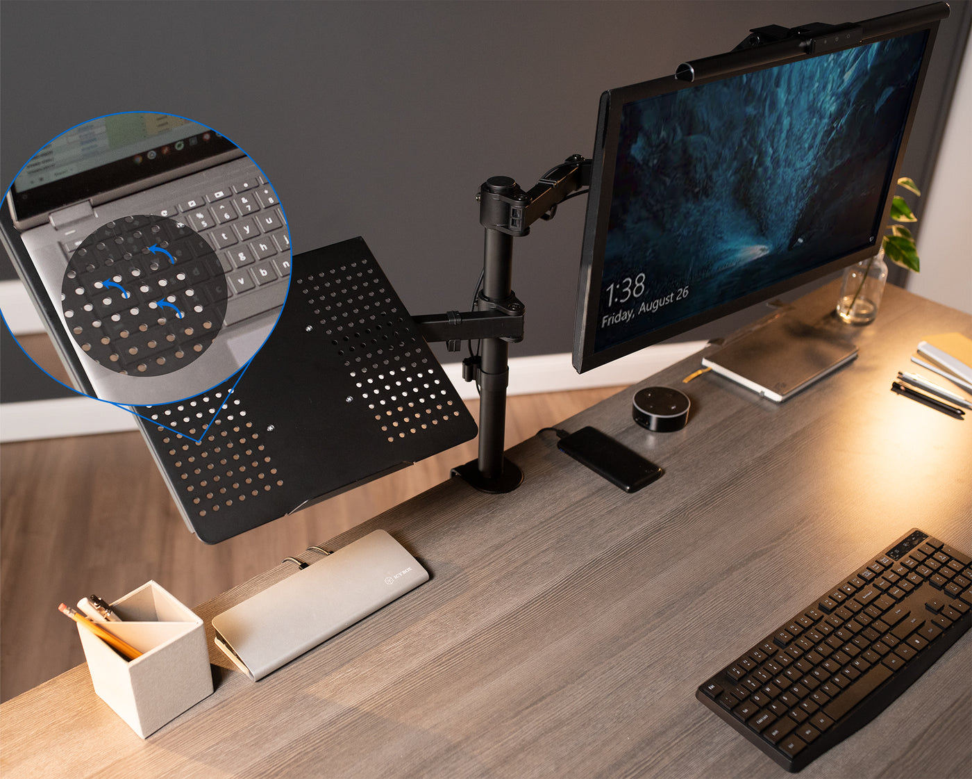 Fully adjustable single computer monitor and laptop desk mount allows you to display your laptop beside your monitor screen for ergonomic placement.
