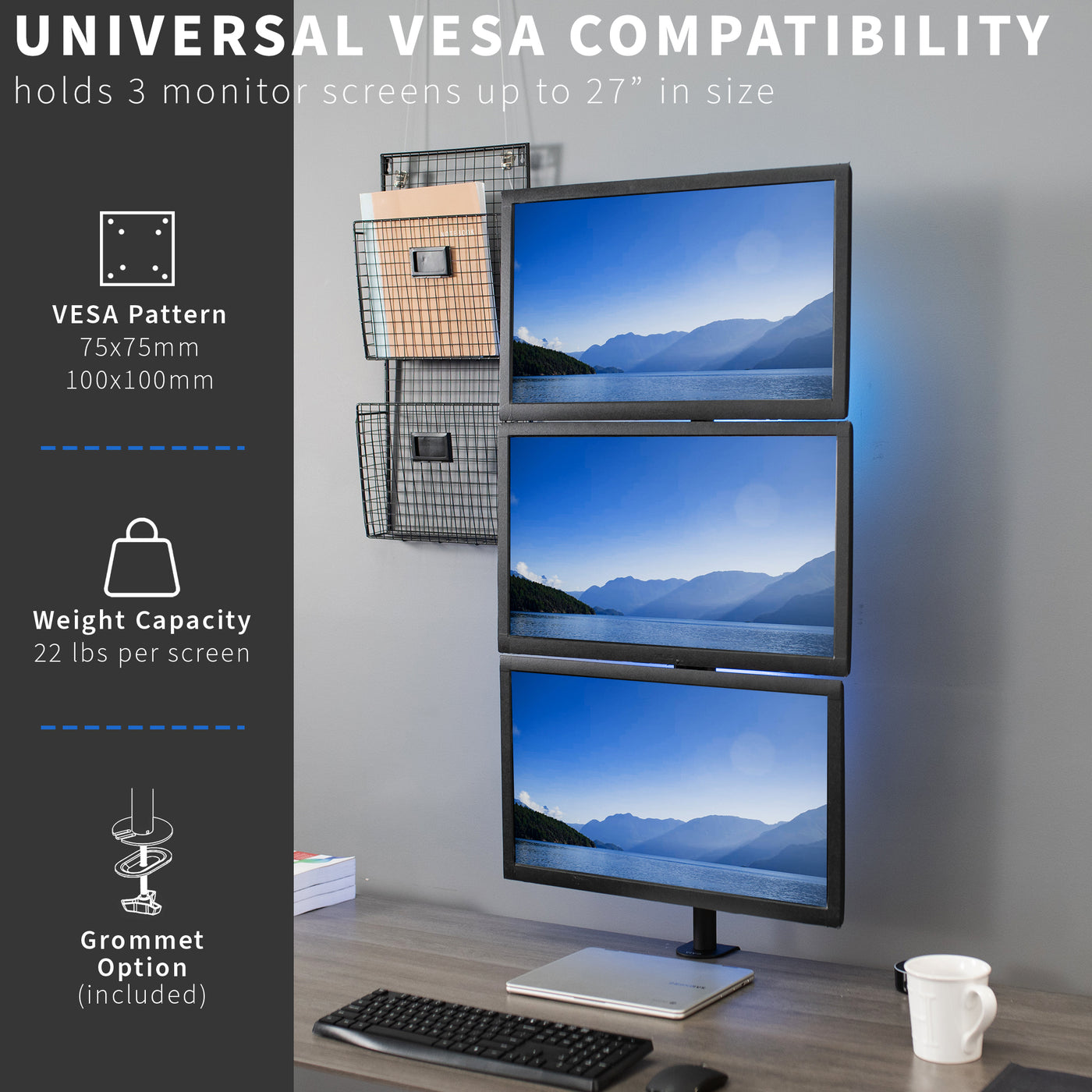 Triple Vertical Monitor Desk Mount