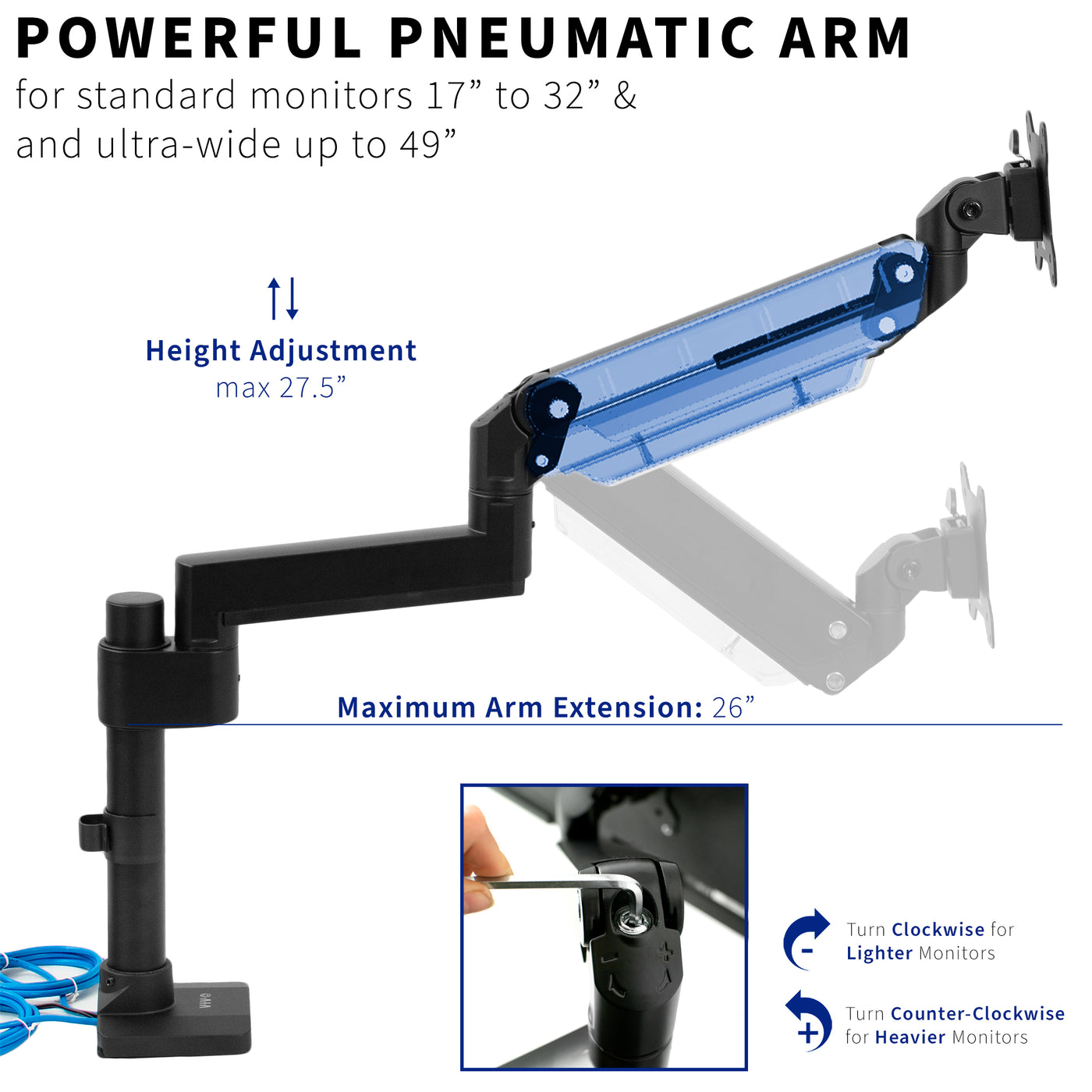 Pneumatic Arm Single Ultrawide Monitor Desk Mount with USB