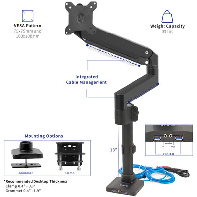 Pneumatic Arm Single Ultrawide Monitor Desk Mount with USB