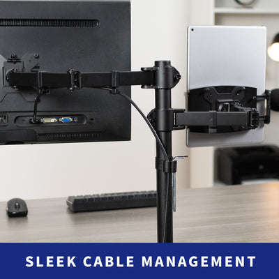 Sturdy single monitor and tablet desk mount with cable management.