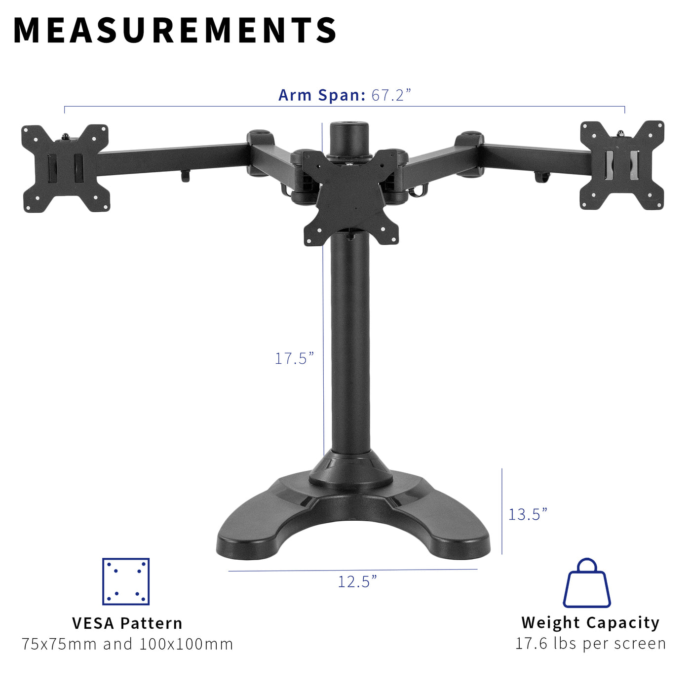 Sturdy height adjustable triple monitor desk stand.