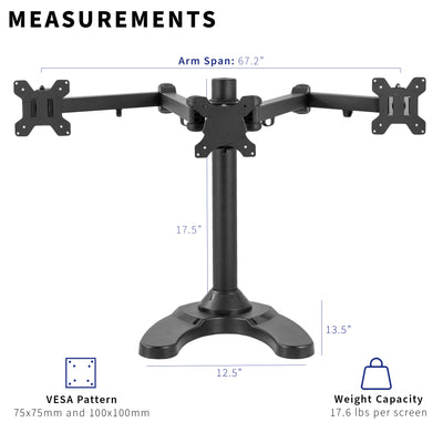 Sturdy height adjustable triple monitor desk stand.