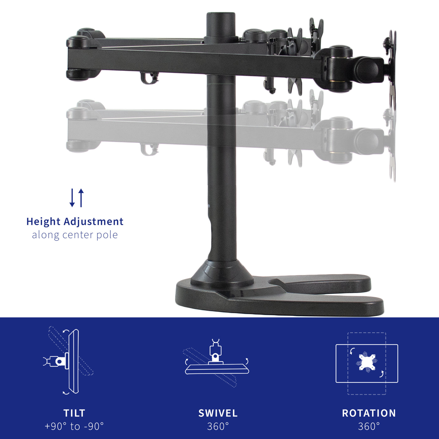 Sturdy height adjustable triple monitor desk stand.