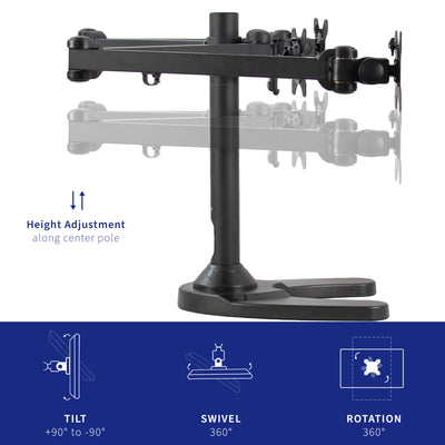 Sturdy height adjustable triple monitor desk stand.